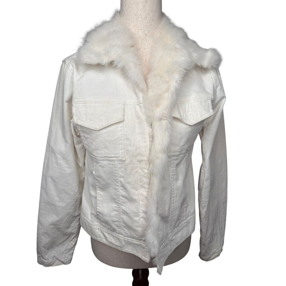 VTG Y2k Paris Blues Outerwear Ivory Corduroy Jacket Rabbit Fur Collar Mall Read